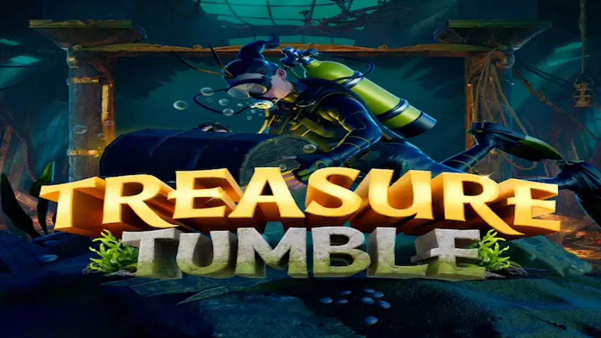 Tampilan visual slot Treasure Tumble dengan tema eksplorasi bawah laut dan grid 8x8.