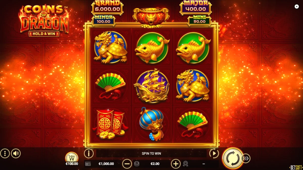Tampilan visual slot Coins of Dragon – Hold & Win dengan tema naga emas dan simbol Oriental.