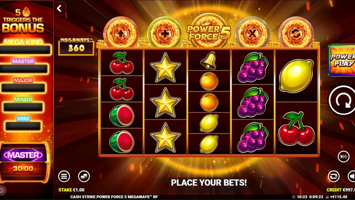 Tampilan visual slot Cash Strike Power Force 5 Megaways dengan simbol buah klasik