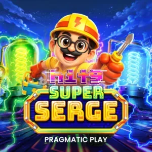 Tampilan visual robot teknisi dalam slot Super Serge dengan latar belakang kota futuristik.